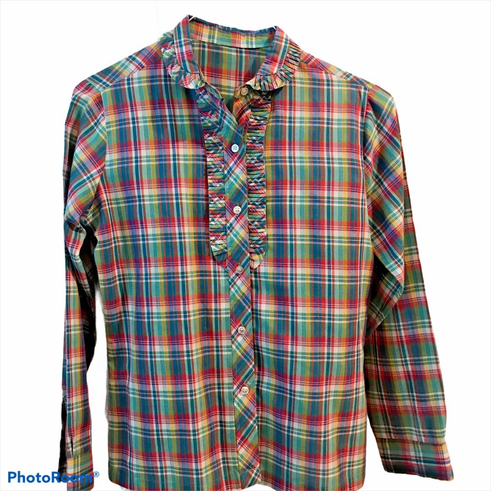 Vtg 80s Plaid Blouse Ruffles No Tag See Descriptio